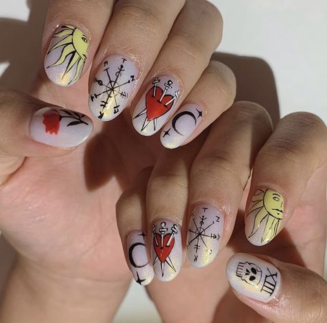 Nails For Witches, Tarot Cards Nails, Card Nails Design, Tarot Inspired Nails, Tarot Nails Acrylic, Tarot Card Nail Art, Nails Cards, Tarot Card Nail Design, Quija Board Nails