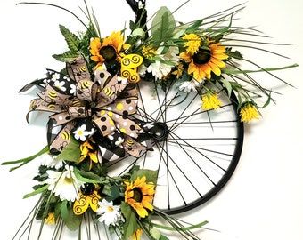 Bike Wreath, Bicycle Wheel Wreath, Ladybug Decor, Wheel Wreath, Yellow Wreath, Bicycle Rims, Bicycle Decor, Wheel Decor, Summer Door Hanger