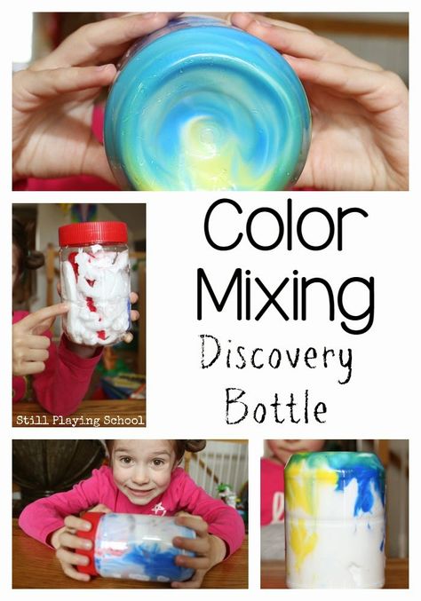 Still Playing School: Marble Color Mixing Discovery Bottle Science For Infants, Spy School, School Kids Activities, Science For Toddlers, Discovery Bottles, Experiments Kids, Preschool Colors, Kid Experiments, Sensory Bottles