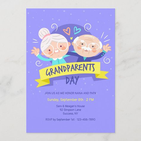 A hand-drawn grandparents day invitation featuring nana and papa.  (People vector created by freepik - www.freepik.com).     The card is easy to customize with your wording, font, font color, paper shape options and choice of six paper types.  Not exactly what you're looking for?  All our products can be custom designed to meet your needs at no extra charge.  Simply contact us at askcottonlamb@gmail.com.  Coordinating products available:  Just ask us!" Grandparents Day Invitations For School, Grandparents Day Invitation, Toddler Diy Gifts, Grandparents Day Banner, Diy Gifts Grandparents, School Invitation Card, Grandkids Pictures, Gifts Grandparents, Grandparents Day Cards