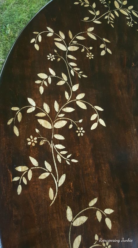 Funky Painted Table, Stenciled Dining Table, Stencil Table Top, Painted Wood Table, Vine Stencil, Painted Table Tops, Painted Kitchen Tables, Stenciled Table, Kitchen Table Makeover