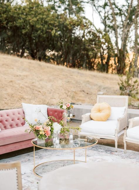 pink and gold outdoor wedding lounge Lounge Pockets Wedding, Wedding Couch Seating, Outdoor Wedding Lounge, Gold Outdoor Wedding, Coronado Wedding, Wedding Lounge Seating, Pink Loveseat, Wedding Lounge Furniture, Colourful Lounge