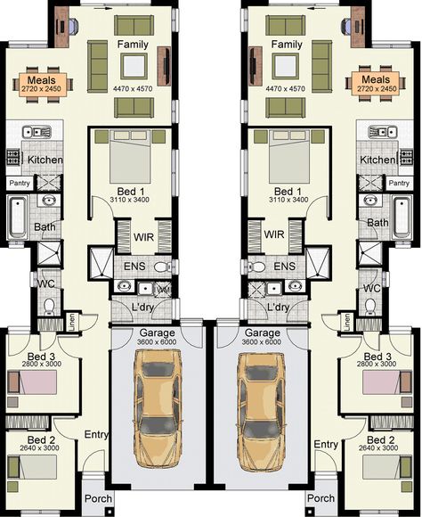 Craftsman Style Duplex Homes, Townhome Layout, Duplex House Plans With Garage, Hotondo Homes, Multigenerational House Plans, Multigenerational House, Dual Occupancy, Duplex Floor Plans, One Level Homes