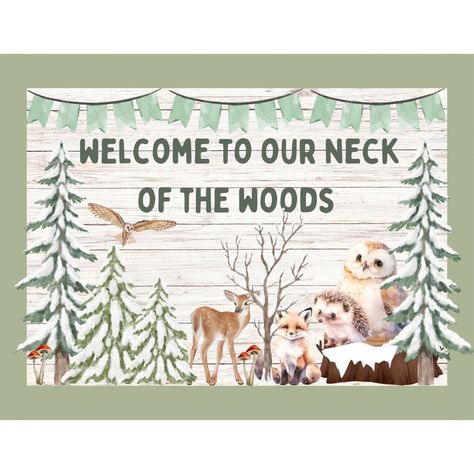 Step into a serene winter wonderland with this charming woodland winter bulletin board printable. Adorned with adorable woodland animals and lush forest elements, this bulletin board will infuse any space with a touch of nature's beauty. Featuring a welcoming "Welcome to our neck of the woods" quote, this printable is perfect for classrooms, offices, or homes seeking a cozy and inviting ambiance. Let this enchanting design transform your setting into a whimsical retreat where imagination can roa Woodland Birthday Bulletin Board, Woodsy Classroom Theme, Forest Animal Bulletin Board Ideas, Winter Classroom Board, Woodland Bulletin Board Ideas, Woodland Animals Bulletin Board, Tree Classroom Decorations, Nature Bulletin Boards, Woodland Bulletin Board