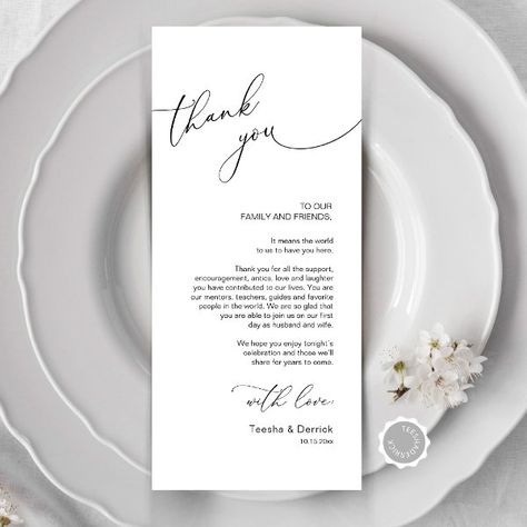 Minimalist Wedding Place Setting Thank You Card Wedding Thank You Cards Wording, Place Setting Cards, Dinner Places, Wedding Plates, Wedding Place Settings, Black And White Theme, Wedding Dinner, Wedding Place, Free Birthday Invitation Templates