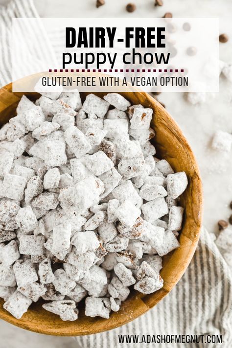 Peanut Butter Muddy Buddies, Puppy Chow Chex Mix Recipe, Chow Puppy, Chex Mix Puppy Chow, Dairy Free Treats, Dairy Free Snacks, Dairy Free Chocolate Chips, Chex Mix Recipes, Dairy Free Diet