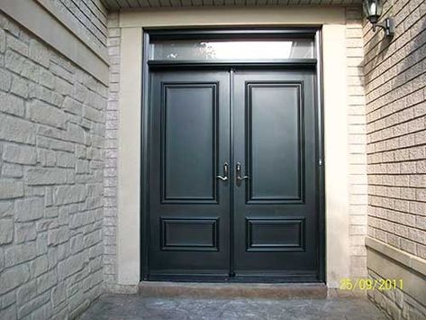 Executive Doors, Smooth Exterior Solid Fiberglass Double Doors with Transom installed in Thornhill by Windows and Doors Toronto Double Doors Exterior Entrance, Solid Front Door, Pintu Ganda, Double Front Entry Doors, Double Door Entryway, Double Doors Exterior, Front Door Entry, Black Front Doors, Glass Railings