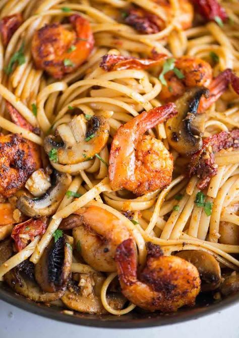 Mushroom Garlic Shrimp Pasta - The flavours of kitchen Surf And Turf Garlic Noodles, Shrimp Scampi With Mushrooms, Shrimp Pasta With Mushrooms, Pasta With Shrimp And Mushrooms, Shrimp With Mushrooms Recipes, Shrimp Mushroom Pasta Recipes, Light Shrimp Pasta Recipes, Shrimp Mushroom Recipes, Shrimp And Mushroom Recipes