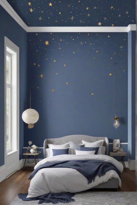 interior bedroom design, designer wall paint, home paint colors, paint color match Star Sky Bedroom, Starry Bedroom Ceiling, Star Bedroom Aesthetic, Starry Night Room, Starry Bedroom, Starry Night Bedroom, Night Bedroom, Star Bedroom, Light Colored Furniture