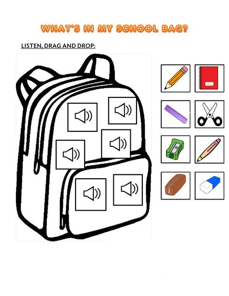 School objects interactive and downloadable worksheet. You can do the exercises online or download the worksheet as pdf. Whats In My School Bag, What's In My School Bag, In My School Bag, School Objects, Brain Gym For Kids, Kindergarden Activities, Kids Math Worksheets, 1st Grade Worksheets, Classroom Language