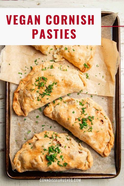 These vegan Cornish pasties are made with a mix of potatoes, rutabaga, onion and seitan chunks stuffed into flaky short-crust pastry pockets. They're pretty easy to make and absolutely heavenly to bite into! Vegan Pasty Recipe, Vegan Pasties, Veggie Pasties, Gluten Free Cornish Pasties, Gluten Free Cornish Pasty, Easy Cornish Pasties, Vegan Cornish Pasties, Vegan Feast, Pasties Recipes