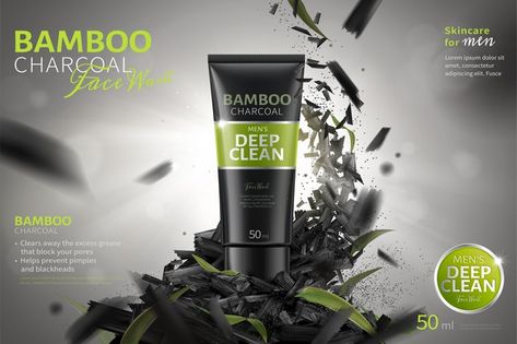 Bamboo charcoal face wash ads with crush... | Premium Vector #Freepik #vector Face Wash Ads, Photoshop Poster Design, Face Wash For Men, Charcoal Face Wash, Mens Face Wash, Mens Face Mask, Silver Spray, Prevent Pimples, Charcoal Teeth Whitening