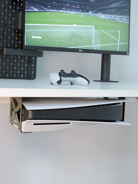 Ps5 Shelf Ideas, Ps5 Mounted On Wall, Playstation Desk Setup, Ps5 Desk Setup, Hidden Game Console, Ps5 Wall Mount, Game Console Organization, Game Console Shelf, Ps5 Setup