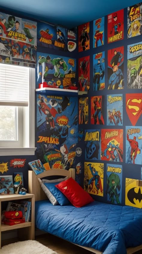 Superhero Bedroom Ideas Boys, Share Bedroom Ideas, Birthday Boy Gift Ideas, Bedroom Ideas Teen Boy, Boys Room Organization, Comic Bedroom, Boy Room Red, Prince Room