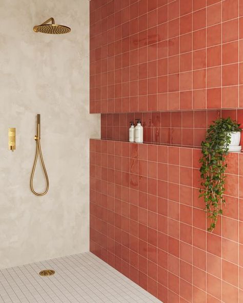 Coral Tiles Bathroom, Mexican Bathroom Ideas Mexico, Midcentury Pink Bathroom, Colored Tiles Bathroom, Color Pop Bathroom, Modern Terracotta Bathroom, Eclectic Modern Bathroom, Bathroom Ideas Terracotta, Salmon Tile Bathroom