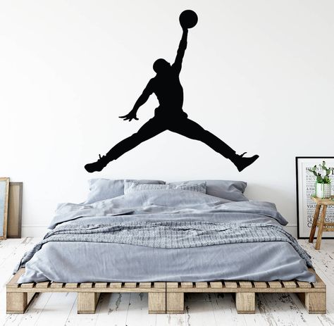 Jordan Wall Art, Basketball Theme Room, Room Vinyl Wall, Jordan Wall, Basketball Wall Decals, Wall Art Boys Room, Basketball Bedroom, Basketball Room, Wall Art Boys