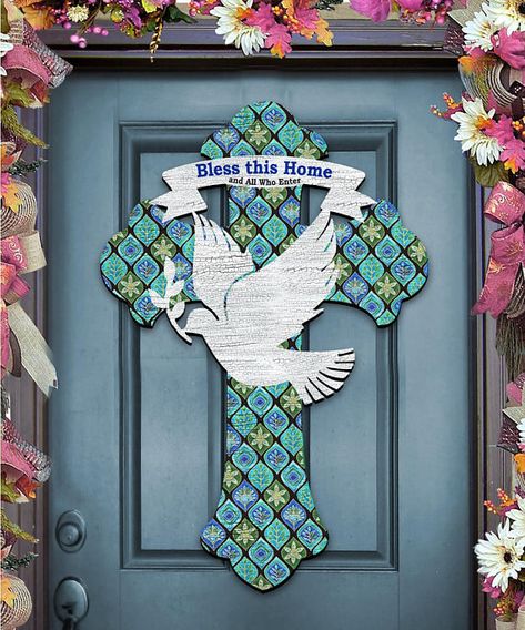 Bless This Home Easter Cross with Dove Wooden Décor Wall Art Cross With Dove, Cross Door Hangers, Wood Wall Cross, Holiday Mantel, Nostalgic Gifts, Wall Cross, Holiday Door, Fence Decor, Easter Cross