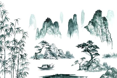 Watercolor painting of a landscape with ... | Premium Vector #Freepik #vector #chinese-bamboo #bamboo-tree #bamboo-leaves #bamboo Chinese Tree, Chinese Watercolor, Forest Tattoos, Spine Tattoos For Women, Forest Illustration, Tree Illustration, Watercolor Trees, Chinese Painting, Tree Designs