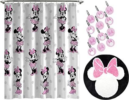 Minnie Mouse Bathroom Decor, Minnie Mouse Curtains, Minnie Mouse Bathroom, Cherry Bathroom, Bathroom Sets Shower Curtains, Disney Bathroom, Shower Curtain Rod, Bath Time Fun, Shower Curtain Rods