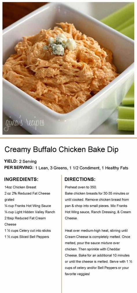 Buffalo Chicken Bake, Creamy Buffalo Chicken, Healthy Buffalo Chicken Dip, Baked Dips, Hot Wing Sauces, Lean Protein Meals, Baked Buffalo Chicken, Lean And Green, Healthy Buffalo Chicken