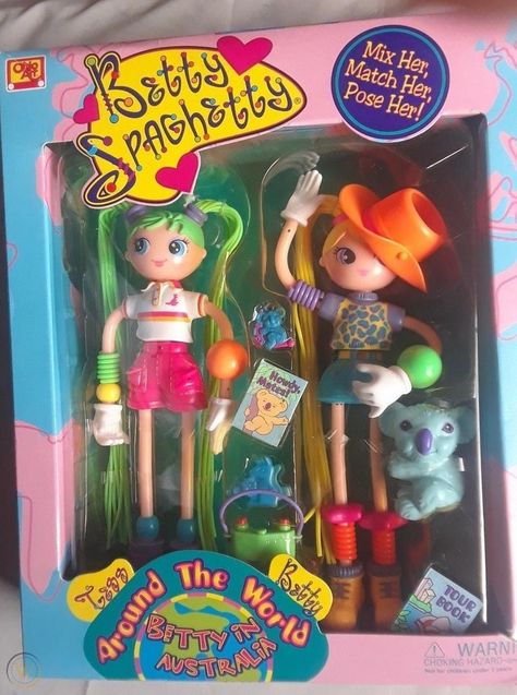 NIB, Betty Spaghetty and Tess, Around the World, "Betty in Australia," 1999. | #1955380344 Betty Spaghetti, Betty Spaghetty, 2000s Nostalgia, Old Toys, Character Illustration, Original Box, Character Design Inspiration, My Little Pony, Doll Toys