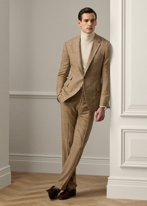 Kent Handmade Windowpane Cashmere Suit Classic Brown Herringbone Suit, Luxury Brown Single-breasted Suit, Ralph Lauren Tailored Semi-formal Suits, Brown Single-breasted Suit With Lapel Collar, Classic Single-breasted Plaid Suits, Cashmere Suit, Cashmere, Ralph Lauren