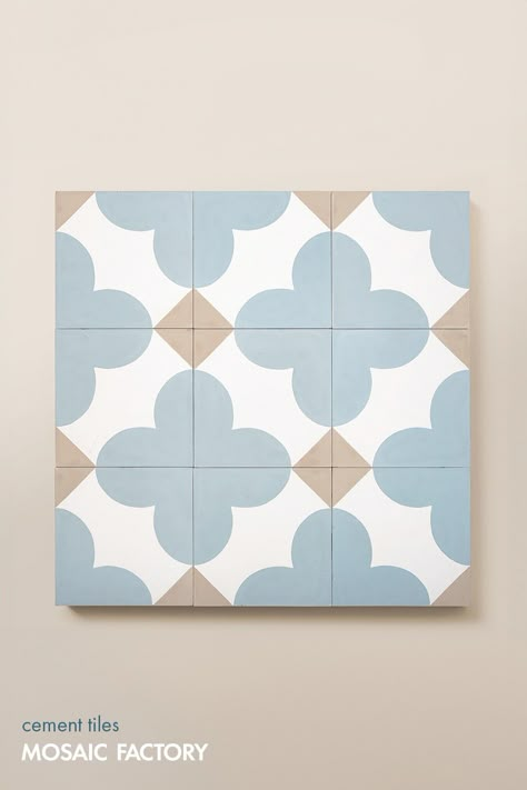 “Fiore” is back! This exquisite cement tile from Mosaic Factory’s new collection by the talented (IG)suzanne_sharp may look familiar. Not long ago we revealed a stunning encaustic floor featuring this model in a chic dark grey and bone colourway. This blend of blue-grey and beige captures a softness that will bring warmth to your space. Head over to our website to check this model or create your own bespoke colourway for your favourite pattern! All our cement tiles are fully customizable. Tile Color Combinations, Beige And Blue Bathroom, Encaustic Tiles Bathroom, Blue Pattern Tile, Blue Wall Tile, Blue Cement Tile, Grey Tile Pattern, Cement Tile Floor, Geometric Tile Pattern