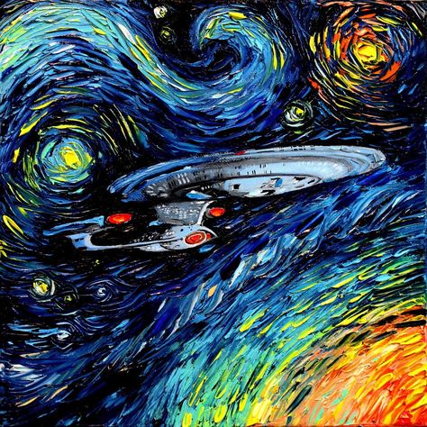 "Van Gogh never saw 'Star Trek,' so are people going to share it and think 'Oh, did Van Gogh paint the Enterprise?'” said Kusick. Antique Wheelbarrow, Star Trek Painting, Star Trek Ship, Snoopy Art, Globe Map, Art Spatial, Star Trek Art, Print Music, Peanuts Cartoon