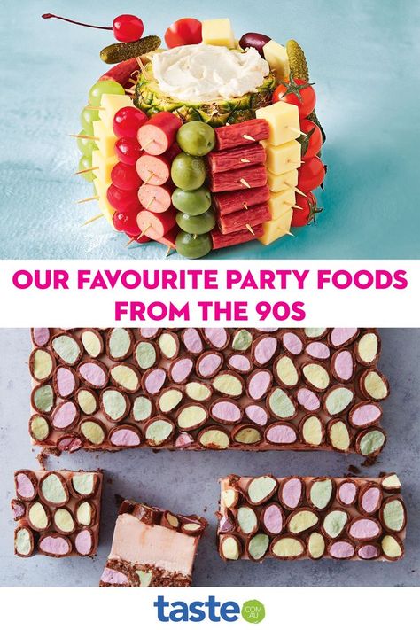 Country Party Food, 90s Country Party, Cob Dip, Potato Gems, 90s Party Ideas, Salt And Vinegar Potatoes, 90s Food, Pigs In Blankets, Pizza Shapes