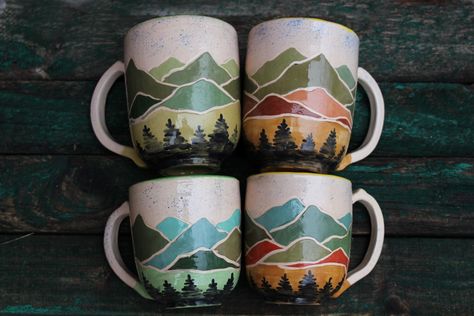 Ceramic Mug Mountains, Ceramic Painting Mountains, Mountain Pottery Painting Ideas, Pottery Painting Landscape, Mug Glazing Ideas, Kitchen Life Hacks, Summer Mountains, Pottery Tea Pot, Ceramic Cafe