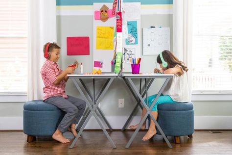 Double your homework or office space by turning two portable desks into back-to-back workstations. Double Desk Kids, Kids Double Desk, Single Desk, Double Desk, Traditional Desk, Desks For Small Spaces, Small Home Offices, Portable Desk, Kid Desk