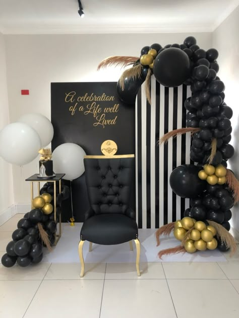 Birthday Party Decorations Silver And Black, Black And Gold 80th Birthday Party, Black And Gold Male Birthday Party, Black Gold And Cream Birthday Party, Silver Gold And Black Party Decor, 40th Black And Gold Party, Black And Gold Pool Party, Black Gold White Decorations Party Ideas, Black White Gold Backdrop