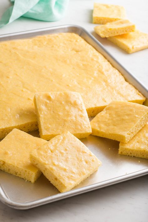 Sheet Pan or Sheet Cake Cornbread. Need recipes and ideas for sides or side dishes for a Crowd at a graduation party, potluck, or backyard bbq? This homemade corn bread is fast and easy to make, great for families with kids or just adults. You'll need flour, yellow cornmeal, baking powder, buttermilk, eggs, and butter. Southern style and great with chili. Cornbread For A Crowd, Pan Cornbread, How To Make Cornbread, Cornbread Recipes, Recipe Sheet, Cooking For A Crowd, Desserts For A Crowd, Pan Recipes, Corn Bread Recipe