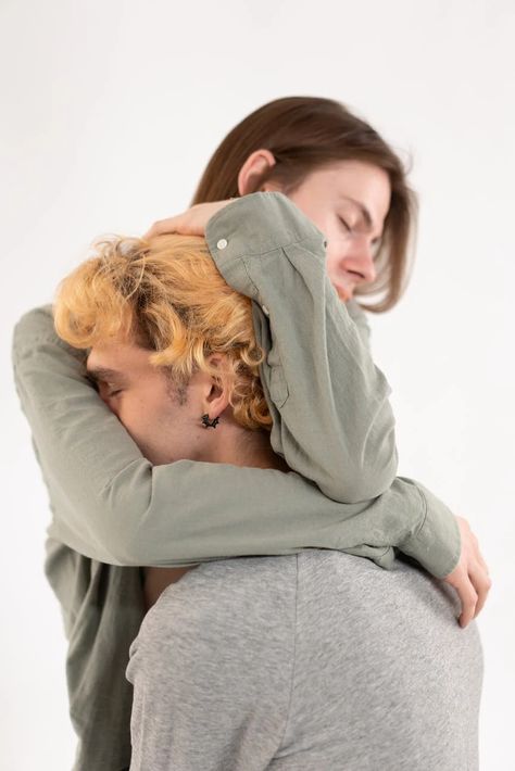 Man Hugging Another Man in Gray Sweater · Free Stock Photo Hugging Self Pose, Desperate Hug Reference, Head In Lap Reference, Hugging From Behind Reference, Hugging Plushie Pose, People Holding Each Other, Holding Onto Someone, Deep Hugs, Hug Reference