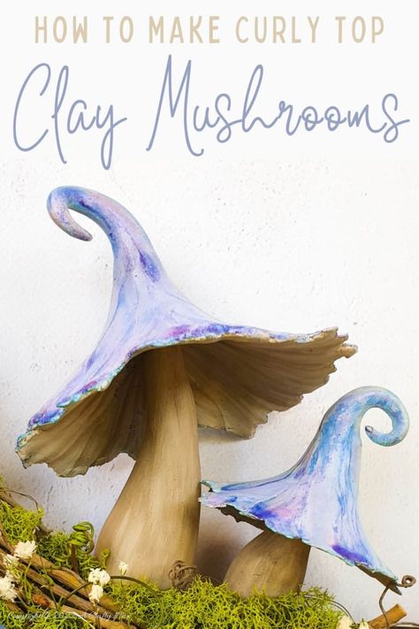 These magical clay mushrooms with curly tops are easy to make and add a touch of whimsy to any fantasy scene or fairy garden. I'll show you step by step how to make them out of polymer clay, but you can use air-dry clay too. Sculpy Clay Mushrooms, Paper Clay Projects Crafts, Clay Garden Projects, Air Dry Clay Fairy Garden Ideas, Diy Polymer Clay Mushroom, Fairy Garden Pottery Ideas, How To Make Figures With Clay, Clay Gnomes Diy How To Make Step By Step, Outdoor Clay Projects