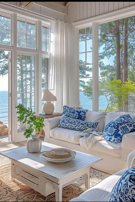 Beach House Living Room, Dream Beach Houses, Lots Of Windows, Beach House Interior, Coastal Living Room, Coastal Home, Dream House Decor, Cozy Living Rooms, Beach Home