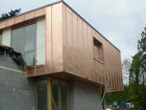 Bronze finish copper cladding - Metal Roof Ltd - Less prone to turning green Copper In Architecture, Copper Cladding, Zinc Cladding, Fireplace Tile Surround, House Shutters, House Cladding, Window Trim Exterior, Metal Cladding, Farm House Colors