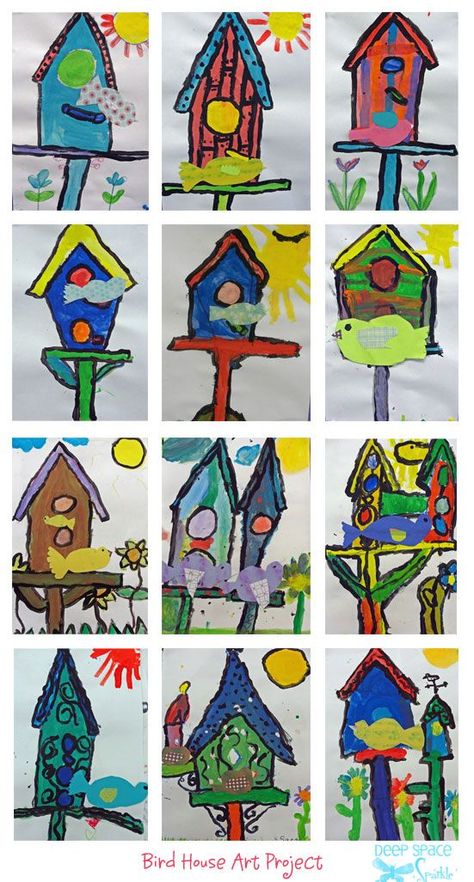 Birdhouse and Paper Bird Art Lesson First Grade Art, Spring Art Projects, Paper Bird, Kindergarten Art Projects, 2nd Grade Art, 4th Grade Art, 3rd Grade Art, Paper Birds, Elementary Art Projects