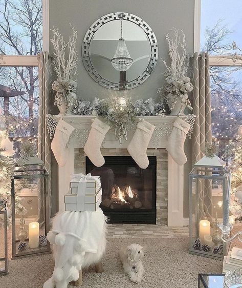 Christmas Decor. White Silver. Christmas Fireplace Decorations, Fireplace Decorations, Christmas Fireplace Decor, Glam Christmas, Aesthetic Cozy, Christmas Mantel Decorations, Christmas Mantle, White Christmas Decor, Christmas Fireplace