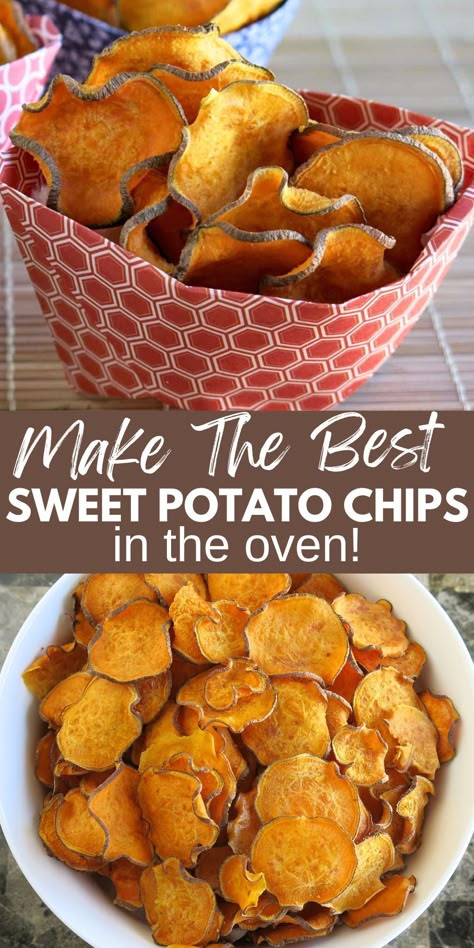 Make the best crispy baked sweet potato chips in your oven using our easy-to-follow recipe and tips so you can put this snack on repeat. These homemade chips are a healthy snack, a side dish, and sturdy enough for dips. They taste fantastic, too, because they're fresh and you control the seasonings. Use our tips so you get that ideal crunch every time. Sweet Potato Chips Oven, Chips Air Fryer, Healthy Chip Alternative, Sweet Potato Chips Recipe, Sweet Potato Snacks, Potato Chips Recipe, Healhty Meals, Sweet Potato Chips Baked, Sweet Potato Chips