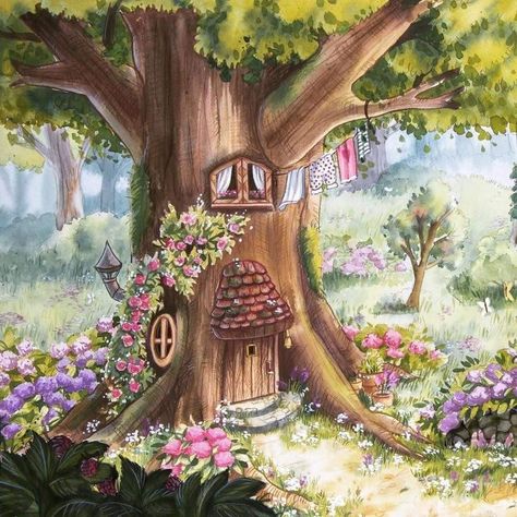 Fairy Tree Houses, Forest Drawing, Fairy Paintings, Storybook Art, Faeries Gardens, Props Art, Fairy Tree, Forest Illustration, Fantasy Forest