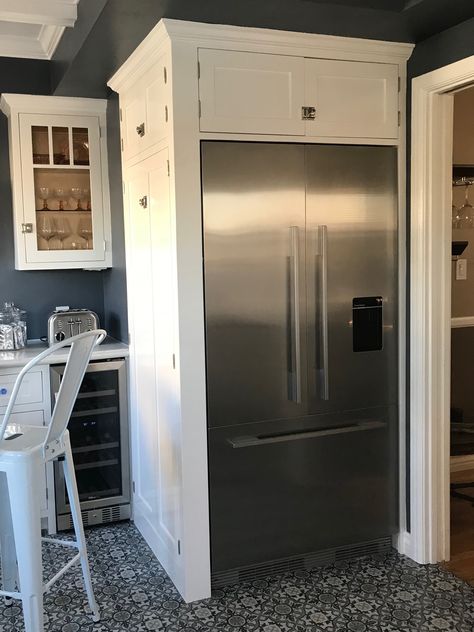 Fischer & Paykel Fridge, looks built in. Cabinet to the left is a mini broom closet, cabinet above is for cookie sheets and trays Fischer And Paykel Fridge, Broom Closet Cabinet, Cabinet Above Fridge, Between Washer And Dryer, Fridge Surround, Above Fridge, Closet Laundry Room, Cabinet Tall, Fridge Cabinet