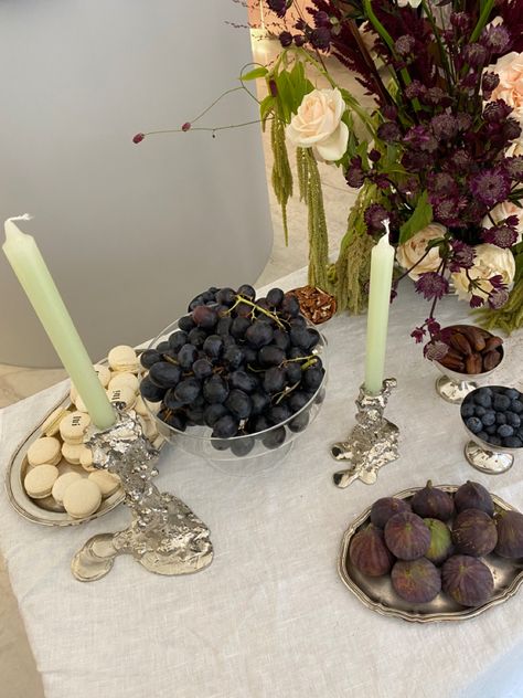 Fig Theme Wedding, Fig Wedding Decor, Grape Tablescape, Figs Wedding Decor, Fig Decor, Grapes On Wedding Table, Fig Wedding, Funky Candles, Organic Table