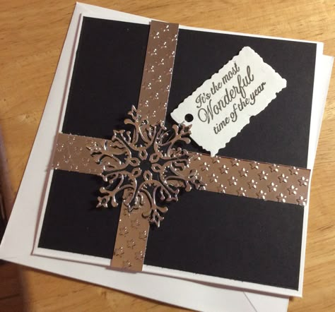 https://flic.kr/p/2jACFoU | Elegant Christmas card | This is a six inch card. Black backing paper, two strips of bright silver to simulate a beribboned present.....a large snowflake cut in black for the under layer and silver for the top layer. The sentiment is stamped in Tuxedo black and heat embossed with clear powder......the snowflake and the sentiment are attached with dimensional tape. This is an elegant card. I have written a special verse to go inside. White Christmas Cards, Black Christmas Cards, Pvc Crafts, Elegant Christmas Cards, Christmas Card Tutorials, Scrapping Ideas, Black White Christmas, Card Sketches Templates, Red White Christmas