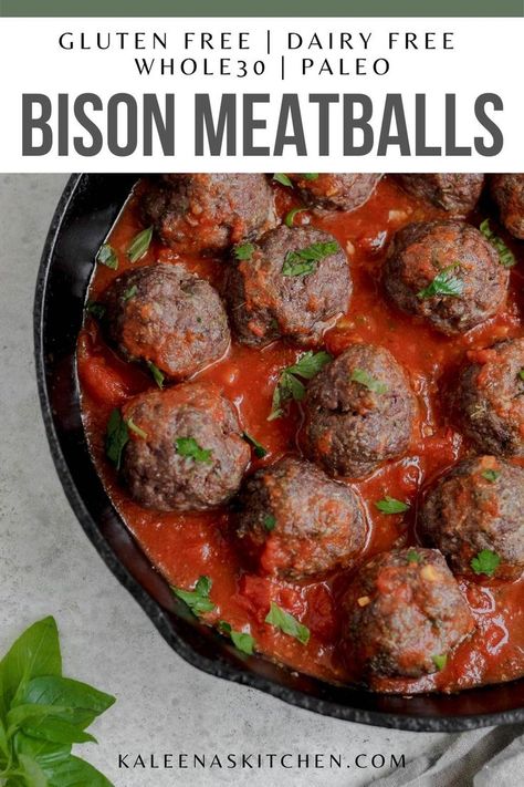 Bison Meatballs, Classic Meatballs, Bison Recipes, Gluten Free Meatballs, Recipes List, Paleo Appetizers, Easy Whole 30 Recipes, Whole 30 Breakfast, Meatball Recipe