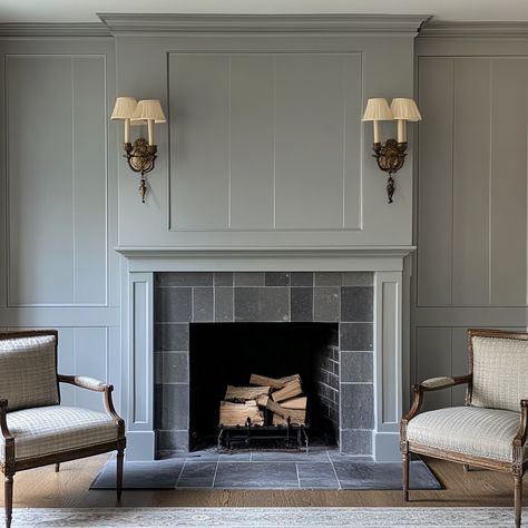 Light gray walls fireplace Trim Around Fireplace, Timeless Fireplace, Blue Fireplace, Light Gray Walls, White Fireplace, Light Grey Walls, Dark Kitchen, Gray Walls, Deer Valley