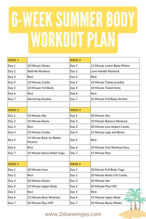 Transform Your Fitness This Summer! Our free 6-week summer body workout plan covers all bases—arms, legs, core, and more. With diverse training styles like plyometrics, balance, and cardio, each day offers something new. No equipment? No problem! These at-home workouts are specifically designed to enhance your strength, flexibility, and overall fitness. Click now and get ready for summer with your free PDF download! Tummy Workouts, Get Fit For Summer, 5 Day Workout Routine, Summer Workout Plan, Summer Body Challenge, Summer Body Workout Plan, Arm Workouts At Home, Full Body Dumbbell Workout, Summer Diet Plan