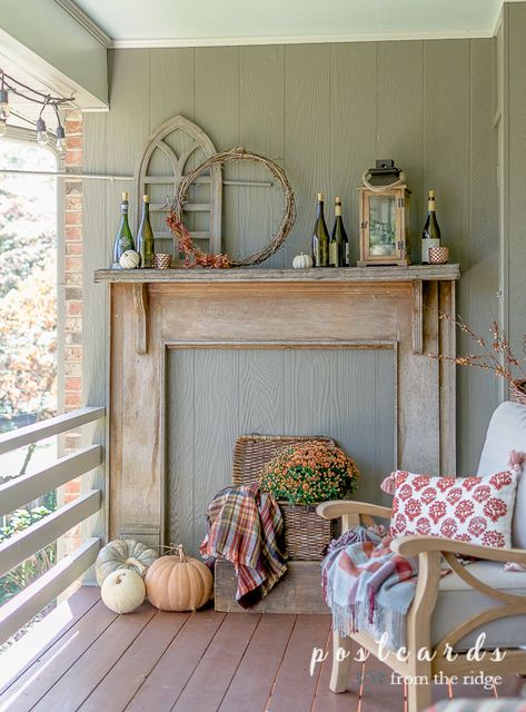 Love this vintage fall mantel and all the cozy colors and decor. #falldecor #fallmantel #fallmantle #fauxmantle #vintagedecor #autumncolors Fall Fireplace Mantel Decor, Fall Fireplace Mantel, Natural Fall Decor, Blue Fall Decor, French Chateau Style, Faux Fireplace Mantels, Thrifted Decor, Rustic Mantel, Chateau Style