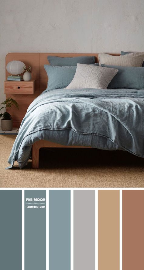 Cool Colors Bedroom, Bedroom Inspirations Teal And Grey, Stone Colored Bedroom, Blue Grey Color Palette Bedroom, Teal Colour Palette Bedroom, Earth Tone Blue Bedroom, Muted Teal Bedroom, Stone Blue Bedroom, Earth Tones With Blue