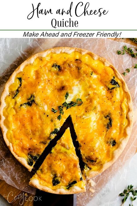 This simple Ham and Cheese Quiche can be made ahead of time and is totally freezer friendly! A hint of caramelized onions along with savory ham and two kinds of cheese makes this an unbeatable flavor combination! | The Cozy Cook | #quiche #ham #cheese #pie #breakfast #brunch #eggs #baking #holidays Quiche Ham, Tart Recipes Savory, Pie Breakfast, Easy Yummy Breakfast, The Cozy Cook, Delicious Healthy Breakfast Recipes, Savory Ham, Ham And Cheese Quiche, Cozy Cook